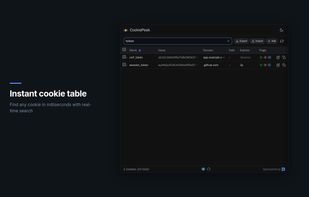 Instant cookie table — CookiePeek popup with real-time search filtering cookies