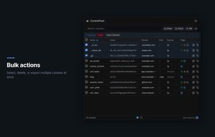 Bulk actions — CookiePeek popup with selected cookies and bulk delete/export bar