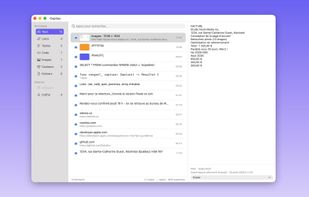 Clipboard history automatically organized by type: text, links, code, images, colors and files.