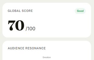 Global conversion score out of 100 with audience resonance radar chart and key metrics breakdown (Credibility and Action scores).