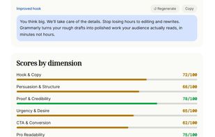 Scores by dimension with bar chart visualization and cognitive biases detection (Social Proof, Urgency/Scarcity, Authority, Anchoring Effect).