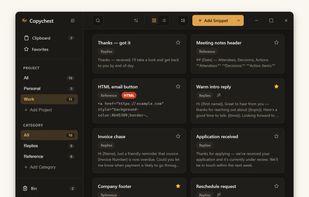 Copychest’s main saved-replies library in dark mode.