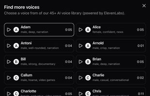 Choose voiceover styles from over 45 different voice styles.