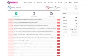 Detailed plagiarism report showing percentage of unique and plagiarized content, sentence-wise highlights, matched sources, and readability statistics for in-depth content analysis.