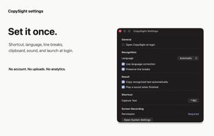Native settings for OCR language, clipboard behavior, shortcut, and permissions.