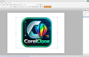 CorelClone workspace interface with canvas, calibrated rulers, layers docker and vector selection.