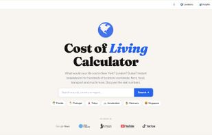 Cost of living calculator homepage. Search any city, country, or US state to see real monthly costs for rent, food, transport, and more across hundreds of locations worldwide.