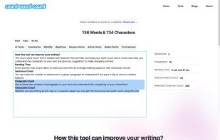 Count word count main tool showing the word and character count on the top and selected word count on the side.