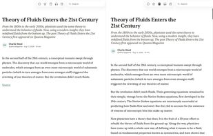 The same article side by side in the publisher's own layout and in Cove's stripped-down reader view.