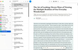 Listen mode narrates the current article aloud using on-device macOS voices.