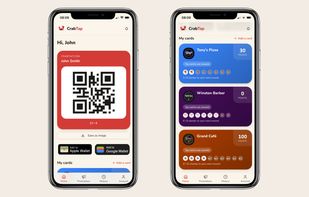 Customer dashboard showing the user's personal QR loyalty card, Apple Wallet and Google Wallet options, and loyalty cards from different businesses with points and stamp progress.