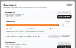 Create robot accounts with dedicated access tokens for CI/CD workflows, automated builds, and deployments with configurable permissions and token rotation.