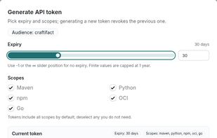 Generate scoped API tokens for Maven, Python, npm, go, and OCI registries. Tokens can have configurable expiration times and are ideal for CI/CD pipelines, build systems, and automated deployments.
