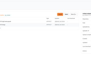 Browse artifacts stored in a repository and inspect detailed metadata such as uploader, timestamps, download history, and repository path.