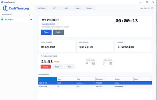 Main window of CraftTimeLog, tracking time spent on a project while also in a Pomodoro session
