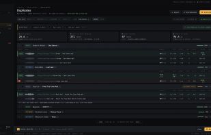 Duplicate finder: 842 duplicate groups sorted by match confidence, with auto-pick keeping the highest-bitrate copy. Extras are archived, not deleted, and crates move to the copy you keep.