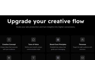 Creative Workflow Elements :
Upgrade your creative workflow with AI-powered brand elements. Generate creative concepts, define tone of voice, establish brand principles, and create targeted personas. Scale ad production while maintaining brand consistency across all campaigns.