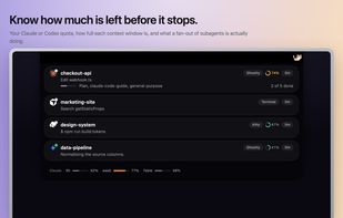 Remaining subscription quota and how full each session's context window is.