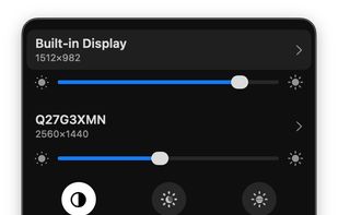 Crisp's menu bar panel: per-display resolution and brightness, Dark Mode / Night Shift / True Tone, presets, and tools