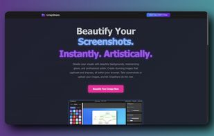 CrispShare screenshot editor showing polished screenshot styling, backgrounds, spacing, shadows, and export controls.