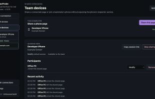 The sharer's Team devices screen: an iPhone page shared at Modify, one participant listed, and the recent activity.