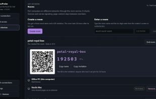 A room invitation: the three-word room name, the six-digit code that rotates every 30 seconds, and the QR for an authenticator app.