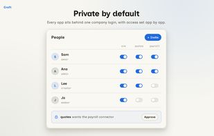 very app sits behind one company login, and you choose who on the team can open each app.