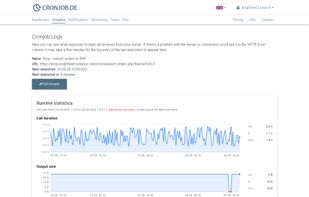 Call log with runtime statistics: duration and response size of the last 200 runs, failures marked in red, plus the output of every call.
