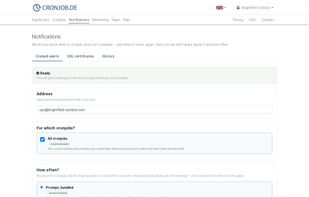 Failure notifications: one alert per incident and an all-clear when the job recovers – by email, in Slack, Microsoft Teams or Discord, or via webhook.