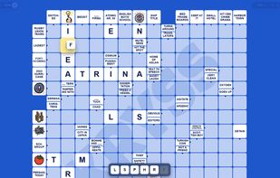 Solving a finished puzzle — tap or drag the letters to fill in each answer.