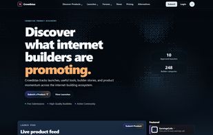 Crowdstax homepage showing the core product discovery experience for internet builders, with launch stats, submission CTA, and quick links to product launches.