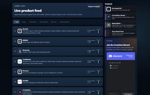Live product feed where approved startups, SaaS products, AI tools, and web apps appear with launch timing, votes, discussion activity, and featured placements.