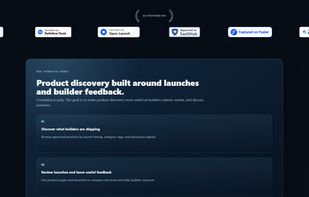 Homepage trust and overview section highlighting Crowdstax badges, featured placements, and how builders discover products, review launches, and leave feedback.