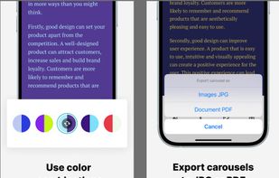 Customize your carousels color set to match your aesthetic and goals. Save slides as JPG or export a document as PDF to create LinkedIn carousel post