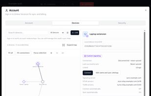 Linked devices: Each sync link shows its signaling, STUN and TURN servers, including your own