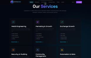 CryptiqVerse offers 6 core service categories: Web3 Engineering (smart contracts, DApps, auditing), Marketing & Growth (KOL, PR, X trending), Exchange Growth (CEX/DEX listings, liquidity), Security & Auditing, Community Management, and Automation & Bots.