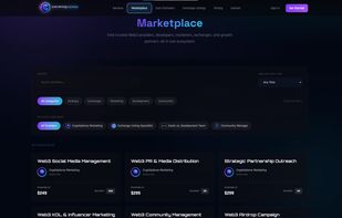 Browse 40+ verified Web3 service providers across categories including Airdrops, Exchanges, Marketing, Development, and Community. Filter by provider and delivery time. Services start from $249 with defined delivery timelines.