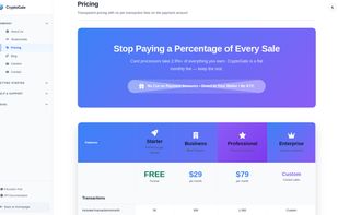 Flat monthly pricing with no percentage per-transaction fee: free Starter, $29 Business, $79 Professional.