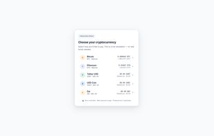 Checkout: customer picks which cryptocurrency to pay with (BTC, ETH and stablecoins).