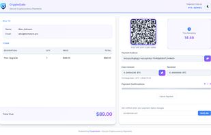 Hosted payment page: live QR code, address, exact amount and on-chain confirmation tracking.