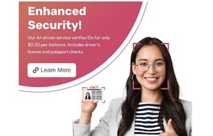 It shows a smiling woman wearing glasses, giving a thumbs-up, while holding an ID card. Pink facial-recognition scan brackets frame her face, suggesting AI identity verification.