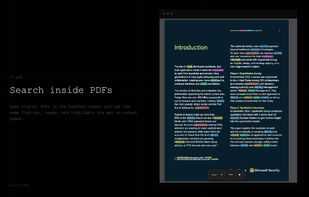Search inside PDFs opened in the browser, using the same find bar, regex, and highlights as on normal pages.