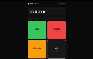Controller (Director's phone)
The main control interface. Shows room code CVNJXK, "Display Devices — Waiting for devices" bar, four color-coded buttons (Live/Preview/Standby/Off), Copy Display Link, Show QR Code, and the Give Feedback button. Dark theme, JetBrains Mono font.
