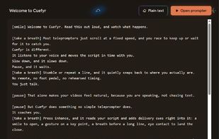 Cuefyr 0.1.24 on Windows: script editor with bracketed delivery cues and the Open prompter control. Personal script-library titles are excluded from this capture.