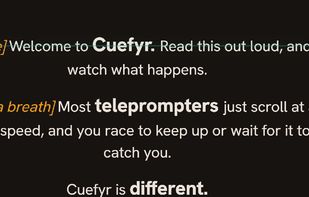 Cuefyr 0.1.24 on Windows: teleprompter reading view with bracketed stage directions, reading-line guide and alignment controls. Cropped to exclude the desktop; captured before starting a read.