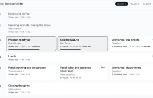 The attendee agenda for a multi-room event, in time slots (Premium).