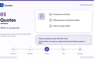 Quotes can be prepared, tracked, exported as PDF and followed up with reminders so pending customer responses stay organized.