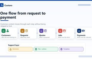 Cuotaro keeps the full service workflow connected, from the initial customer request to quote, job completion and payment follow-up.