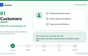 Customer records keep contact details, service addresses, notes, related requests, quotes, jobs, files and follow-ups in one place.