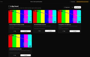 Suggested clips from a longer video, with scores and an option to open each in the editor.